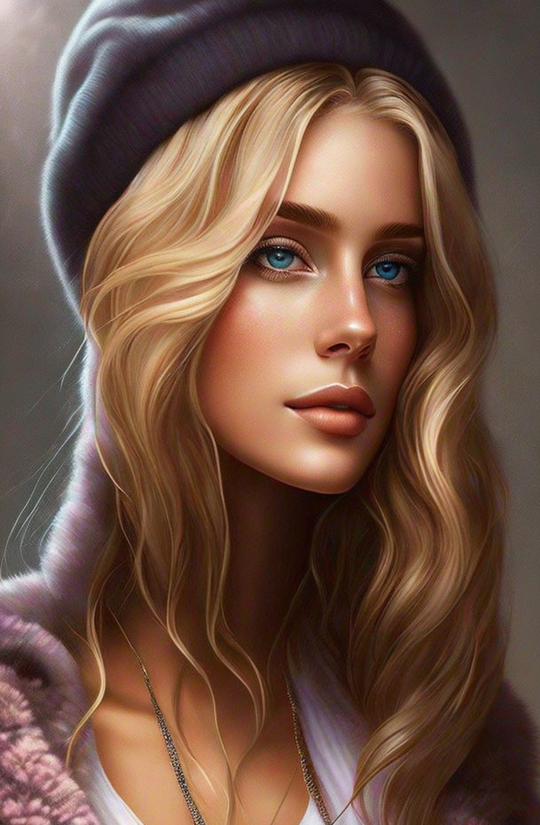 Digital Artwork: Young Woman with Blonde Hair and Blue Beanie