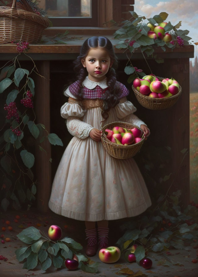 Young girl with basket of apples in rural setting