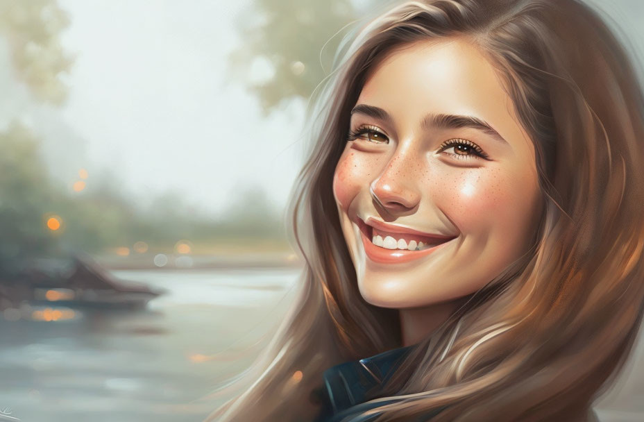 Young woman's digital portrait: beaming smile, warm glowing skin, voluminous brown hair