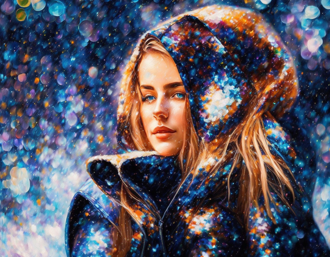 Woman in Hooded Coat Surrounded by Colorful Snowflakes