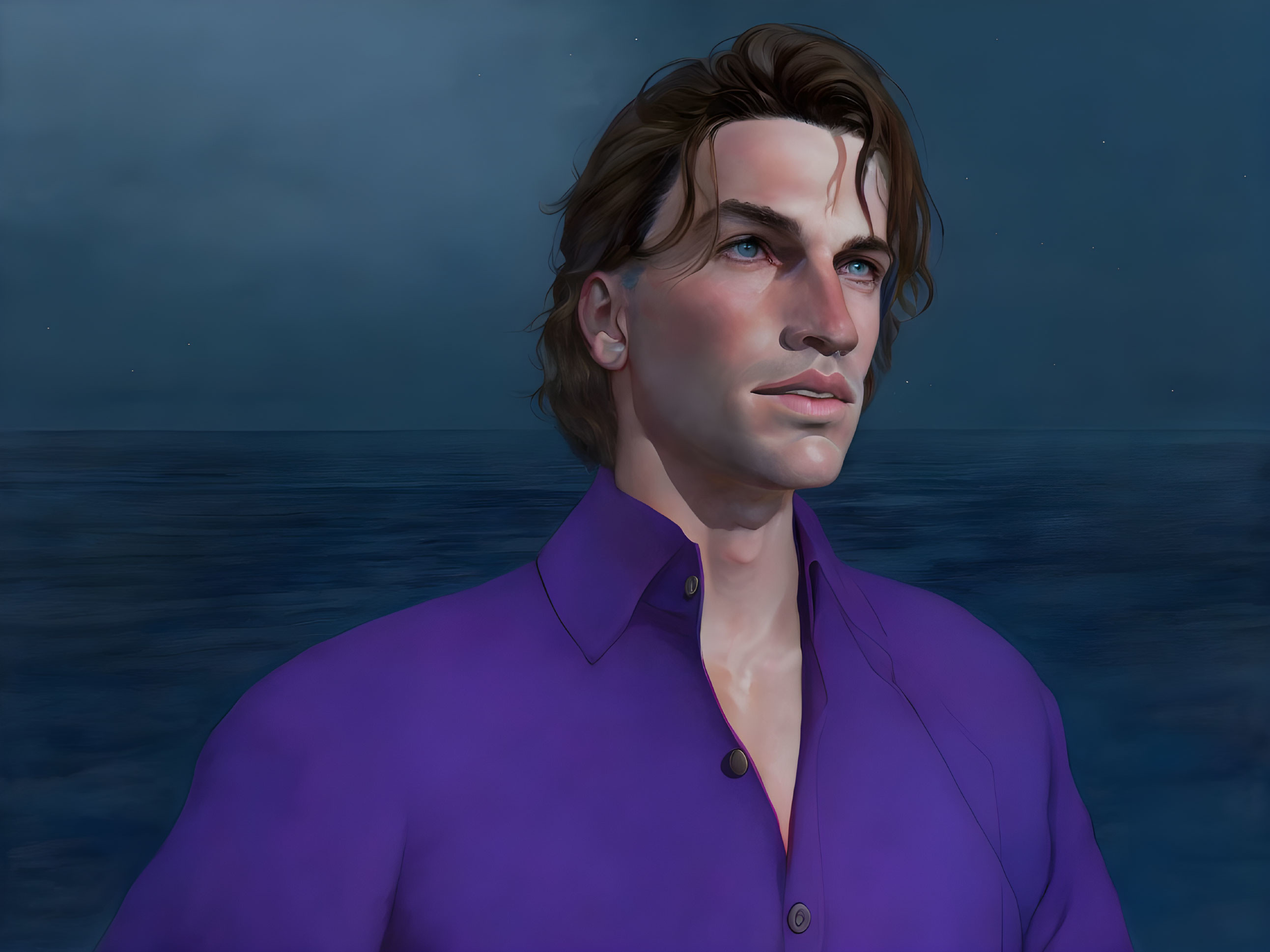 Tousled Brown Hair Man in Purple Shirt Portrait against Ocean Background