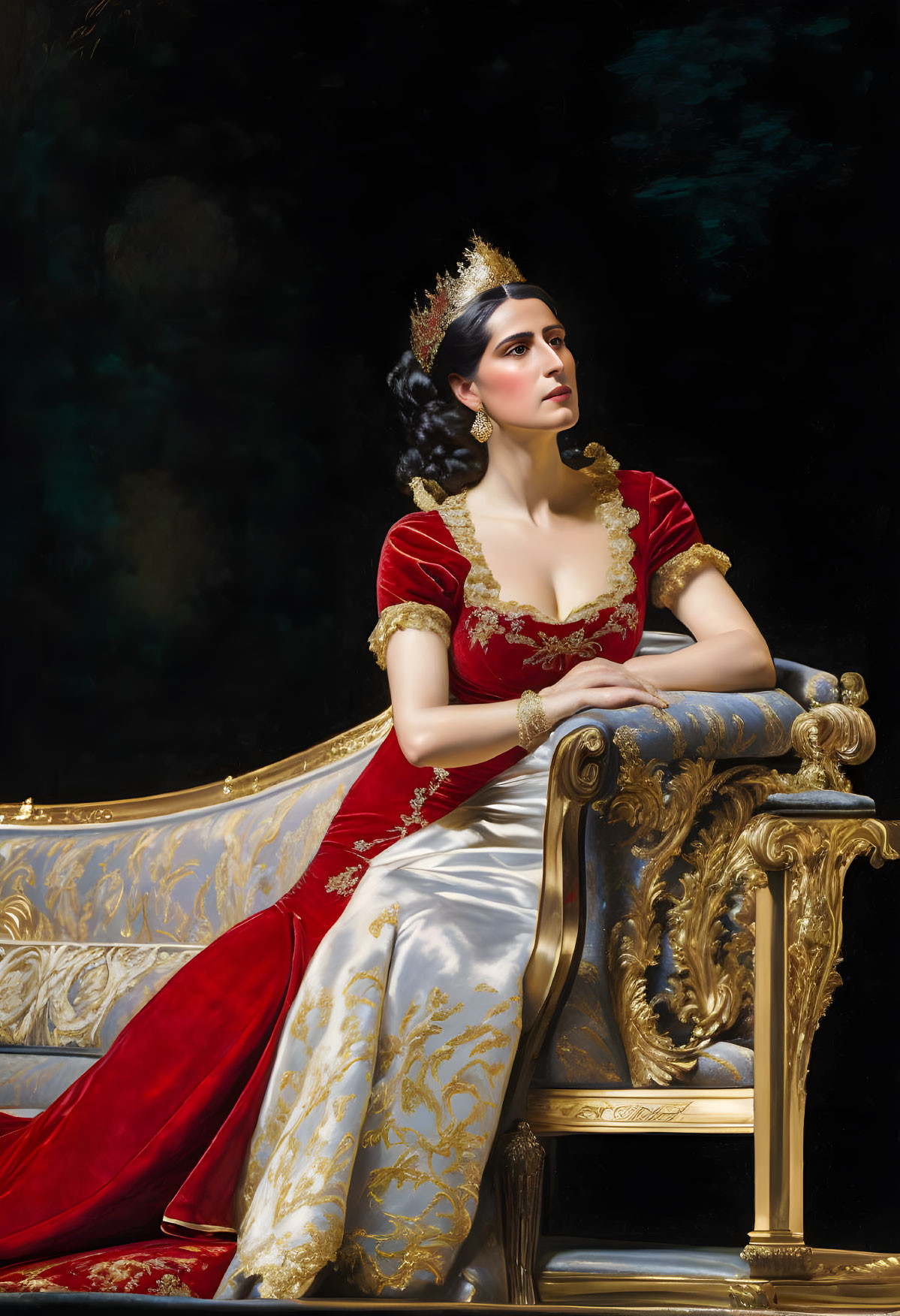 Woman in red and gold royal gown with crown on ornate sofa against dark backdrop