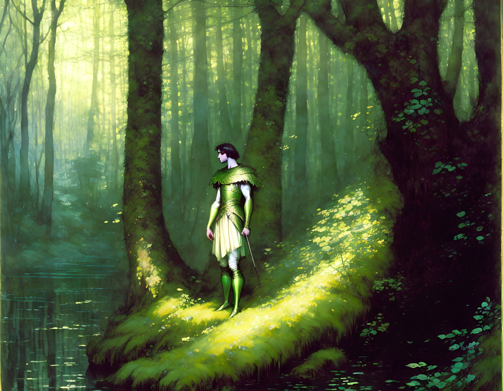 Elf-like figure in mystical forest by tranquil pond.