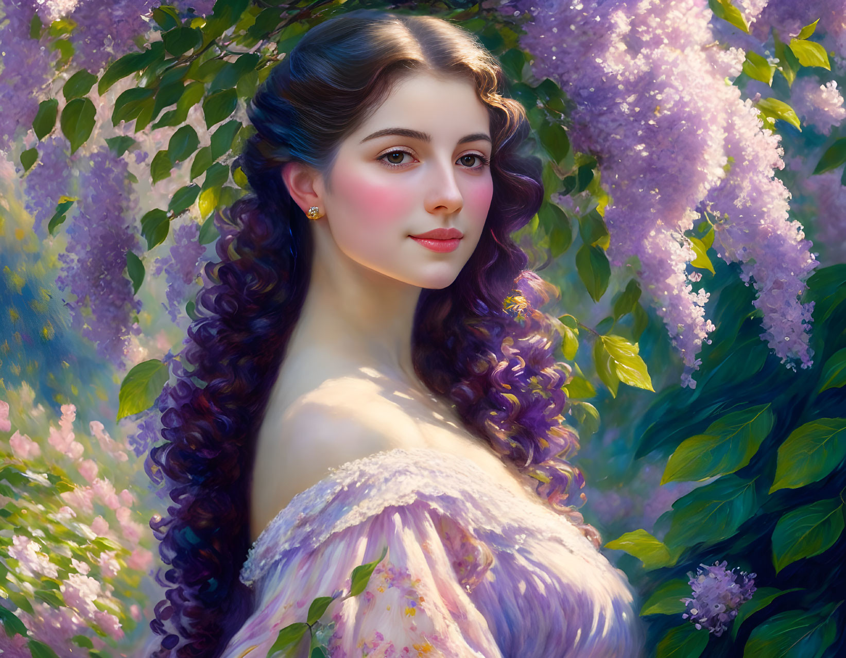 Portrait of young woman with curly purple hair in lilac flower garden