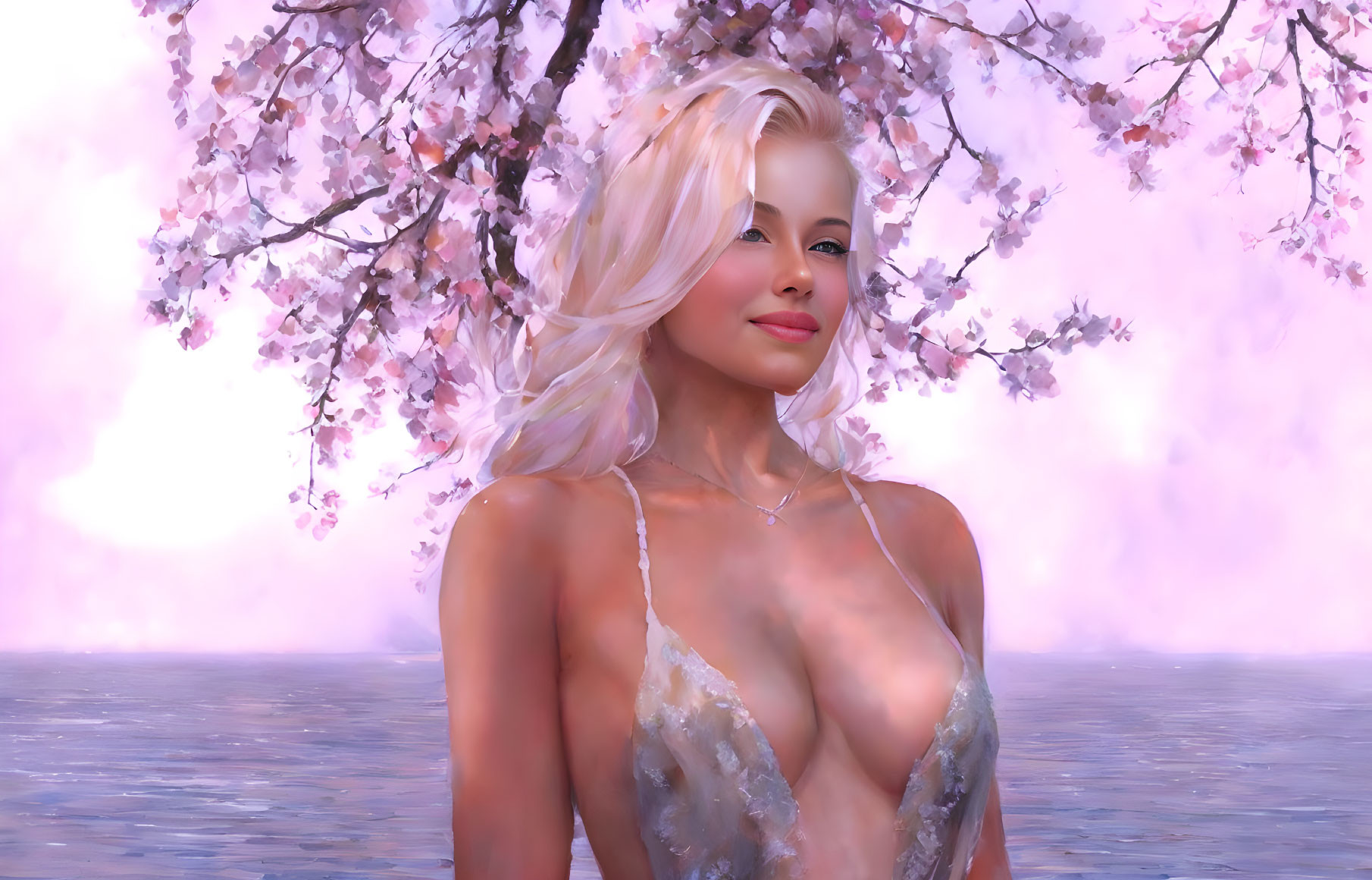 Smiling blonde woman with cherry blossoms in serene digital art