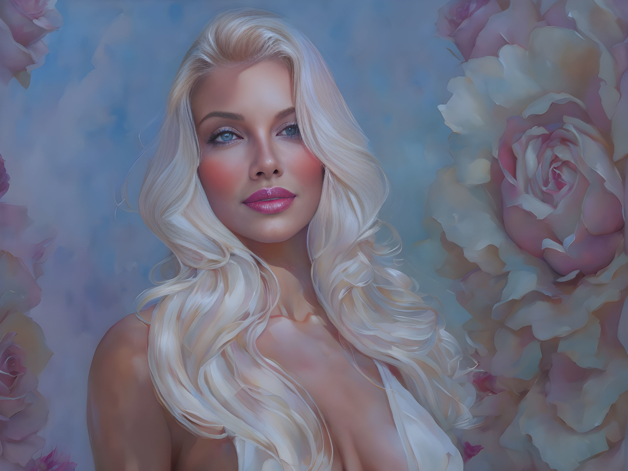 Blonde woman with blue eyes among pastel roses