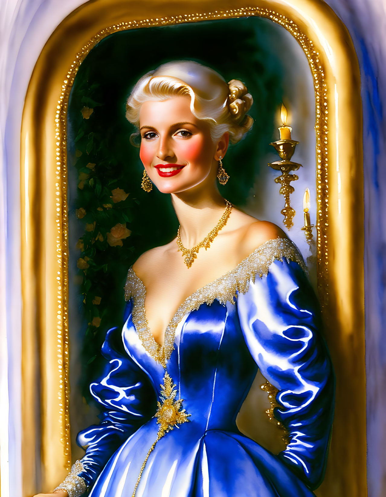 Smiling woman in blue dress by window with candle sconce