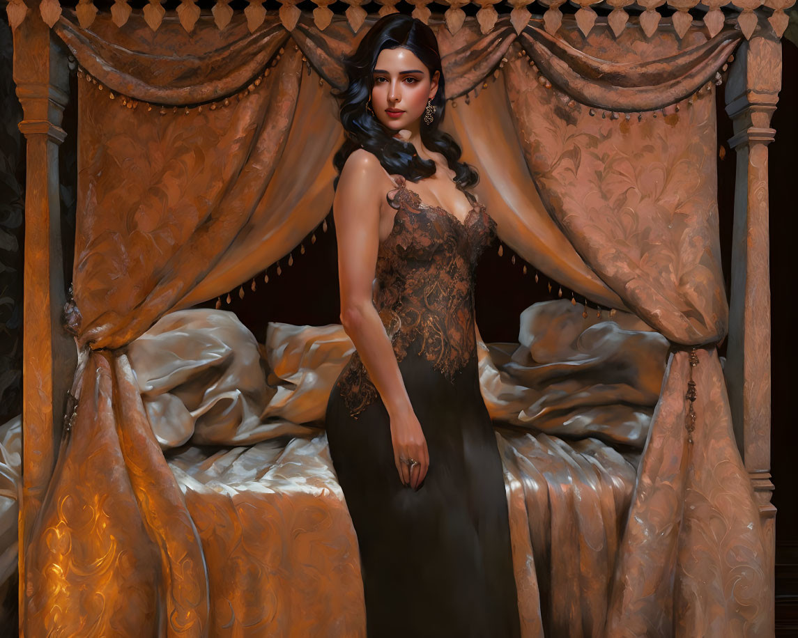 Elegant woman in black lace dress on luxurious bed