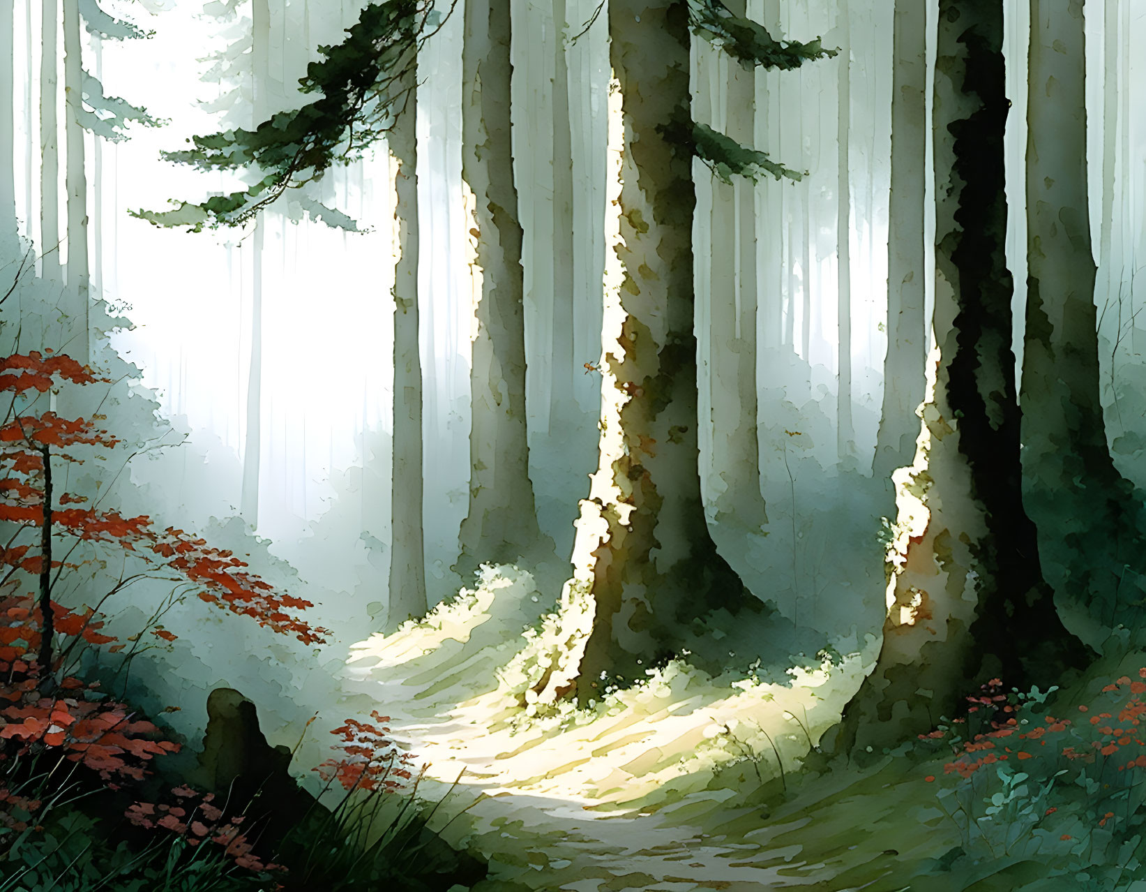 Stylized forest painting with sunbeams and red foliage