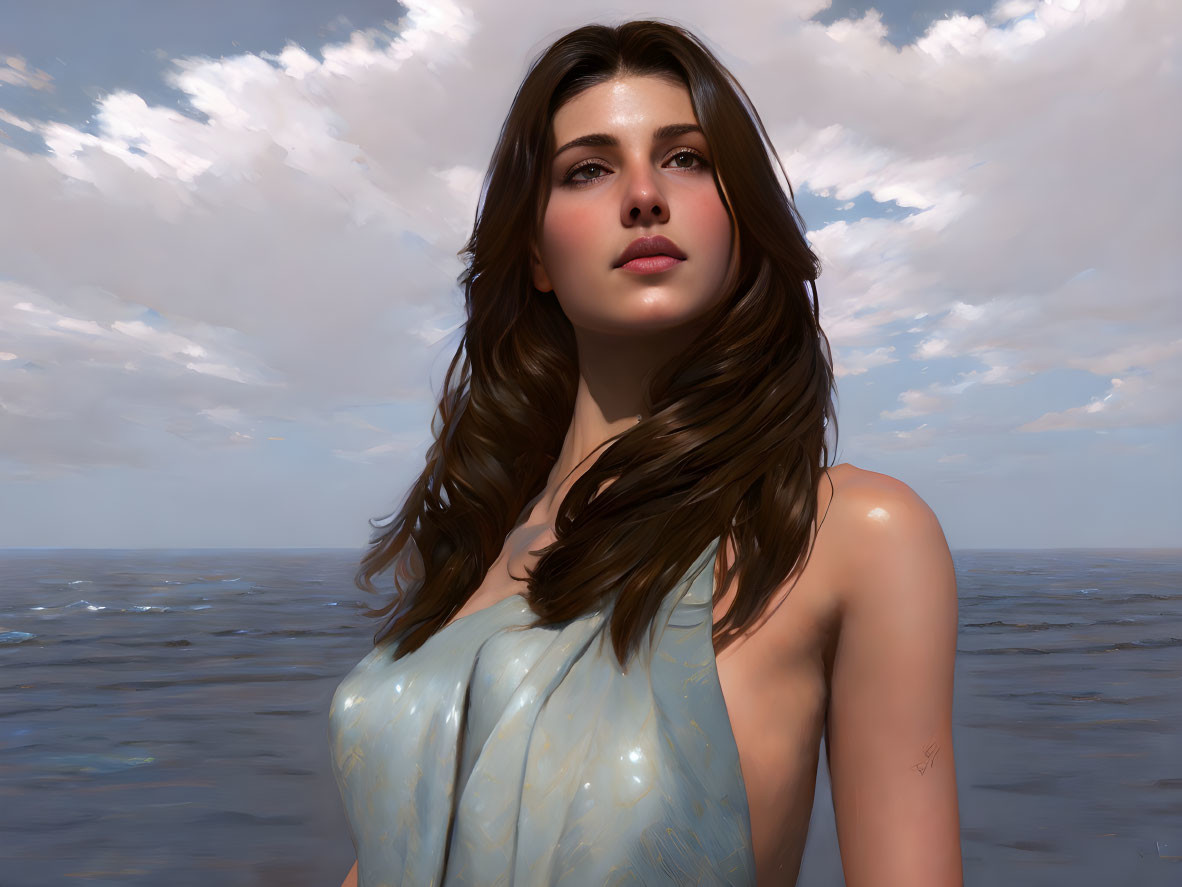 Digital art portrait: Woman with brown hair, blue dress, sea and sky backdrop