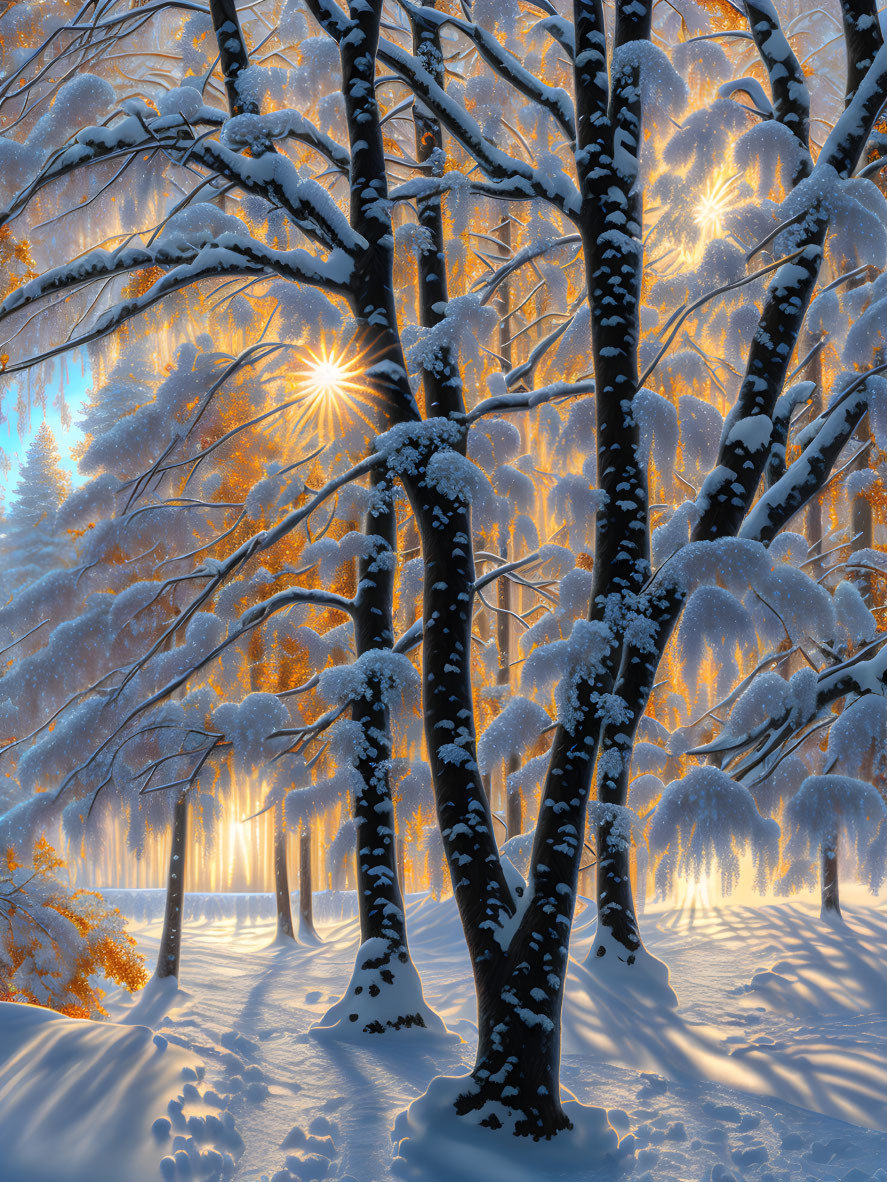 Winter forest scene with snow-covered trees and sunlight filtering through branches