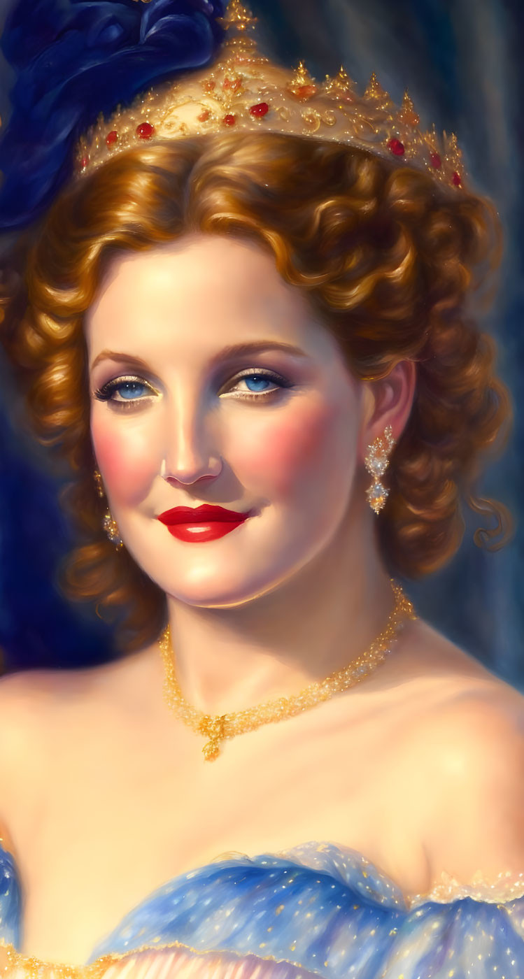 Smiling woman portrait with blue eyes in blue dress and golden crown