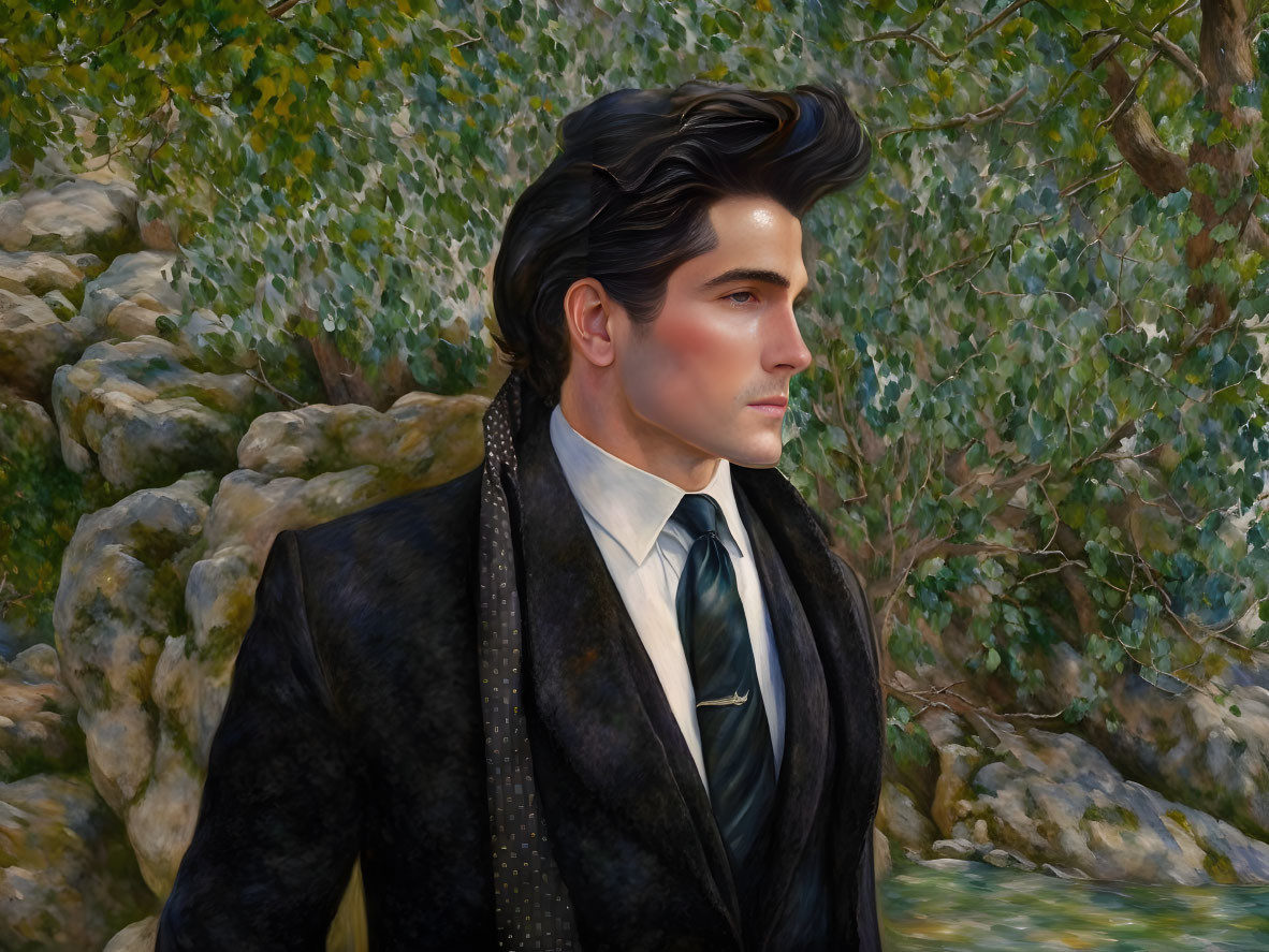 Formal man in black coat and teal tie against lush greenery and rocks