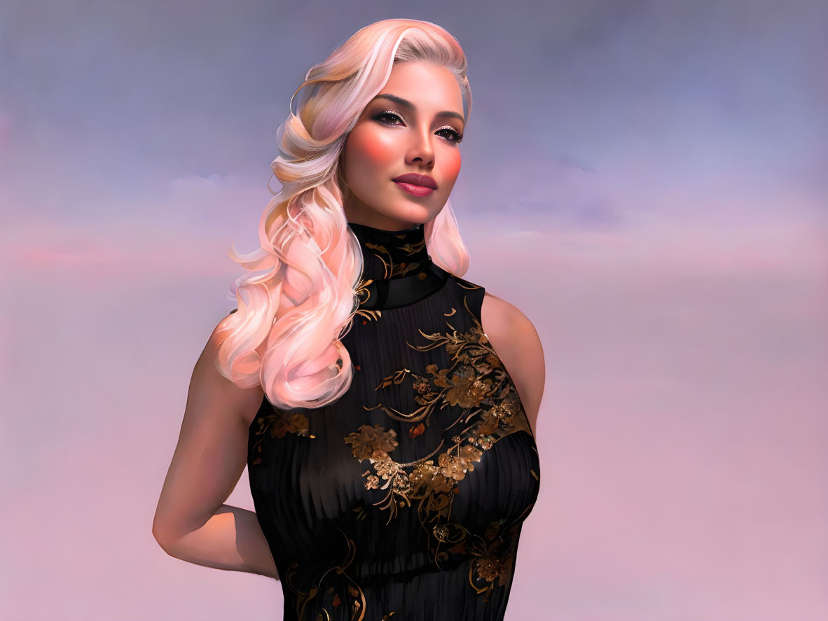 Blonde woman in black dress with gold embroidery on pink cloud backdrop