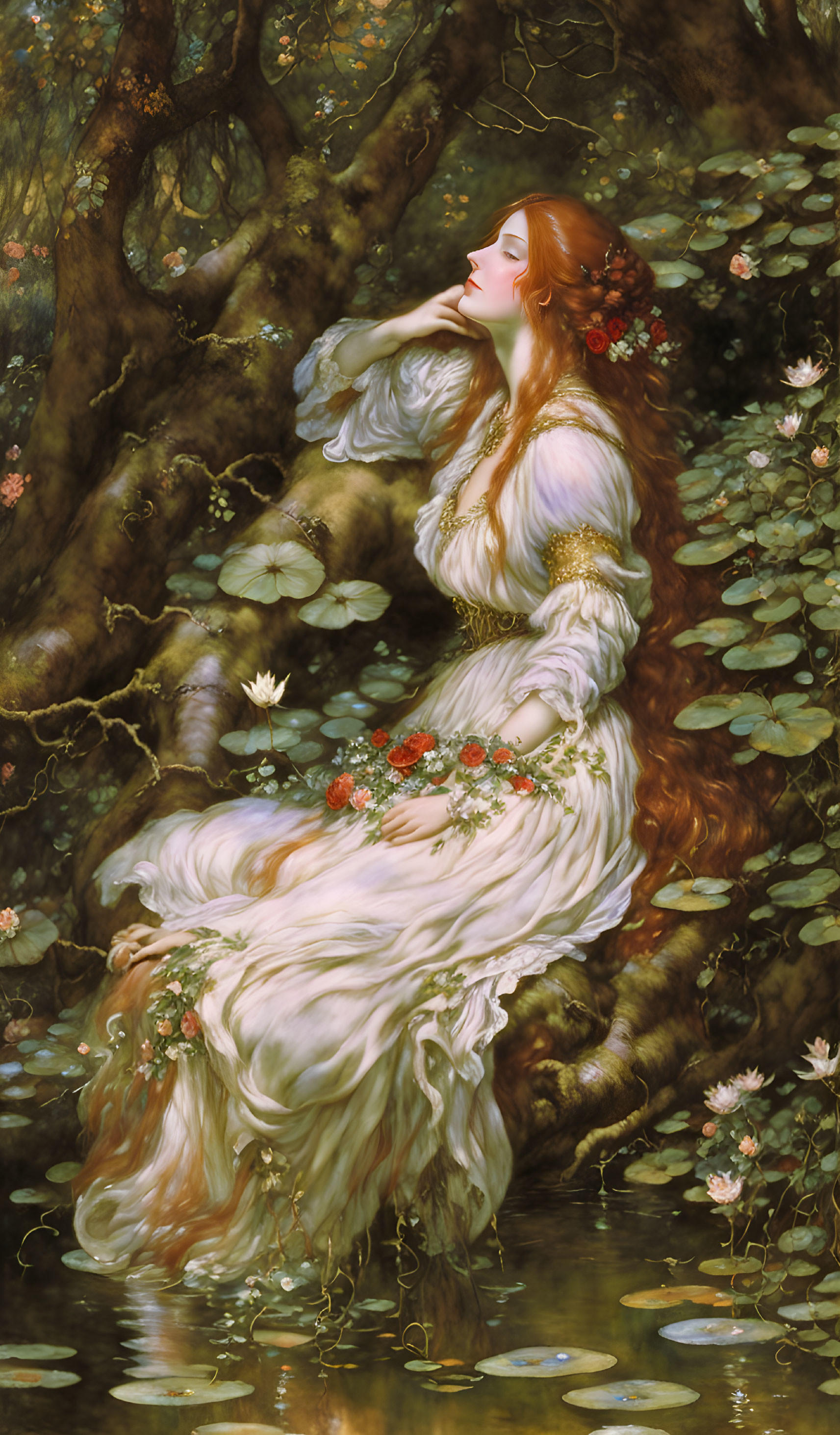 Woman with Red Hair and Flower Dress by Pond in Forest