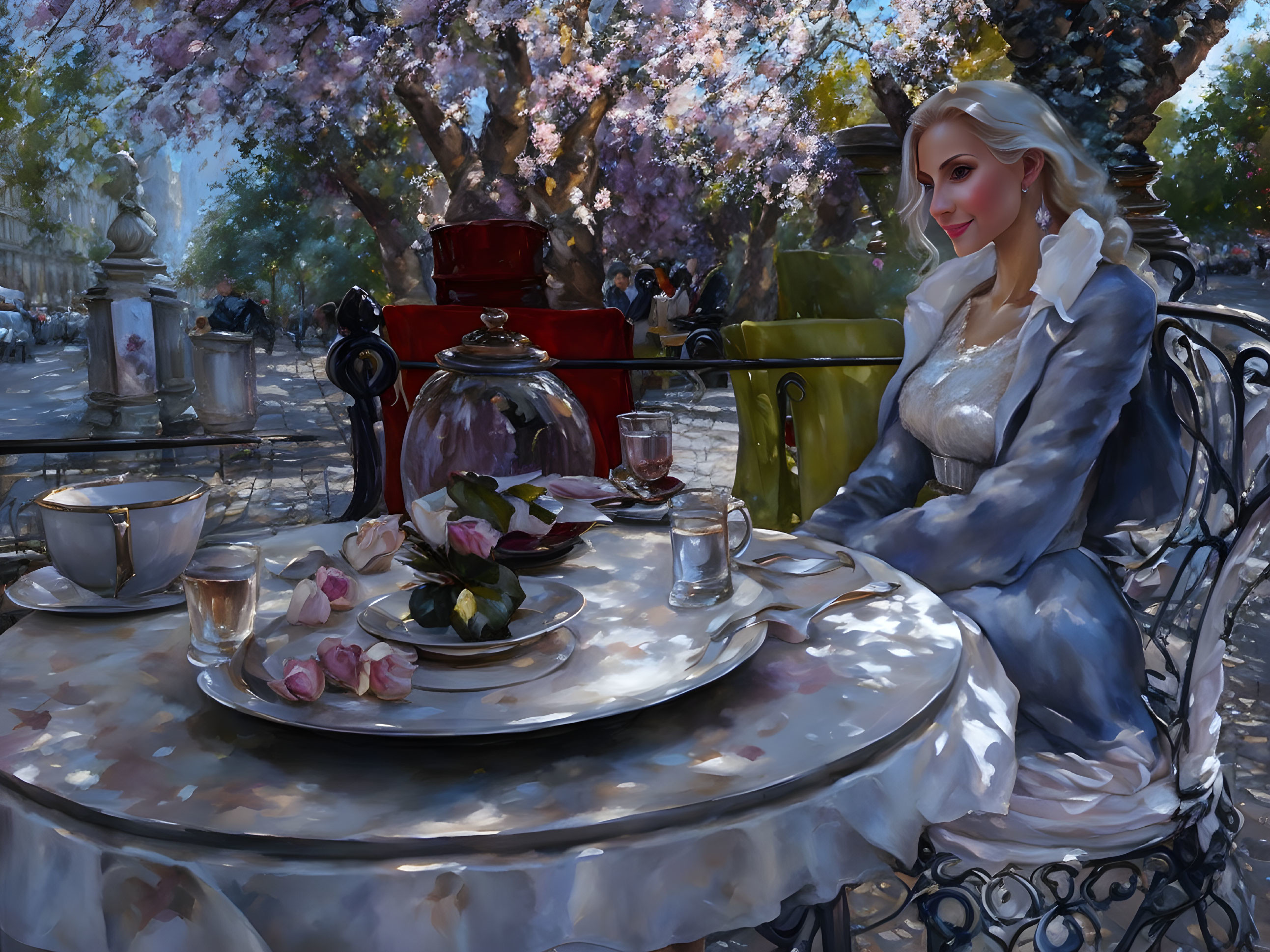 Vintage Attired Woman at Cafe Table with Teapot, Cup, and Roses Under Blooming Trees