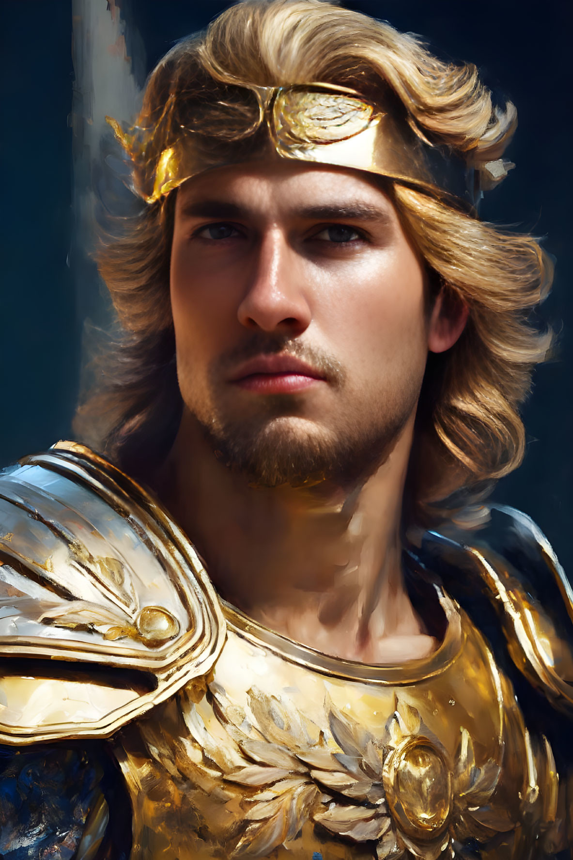 Young man in golden armor and crown on dark background