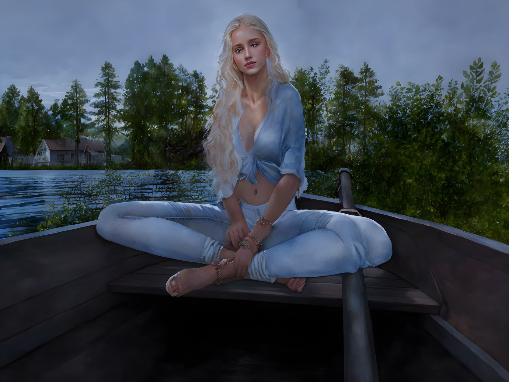 Blonde Woman Sitting on Dock at Dusk by Tranquil Lake