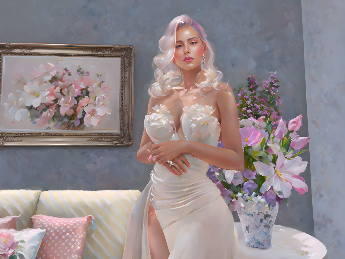 Elegant woman with white-pink hair in floral-themed room