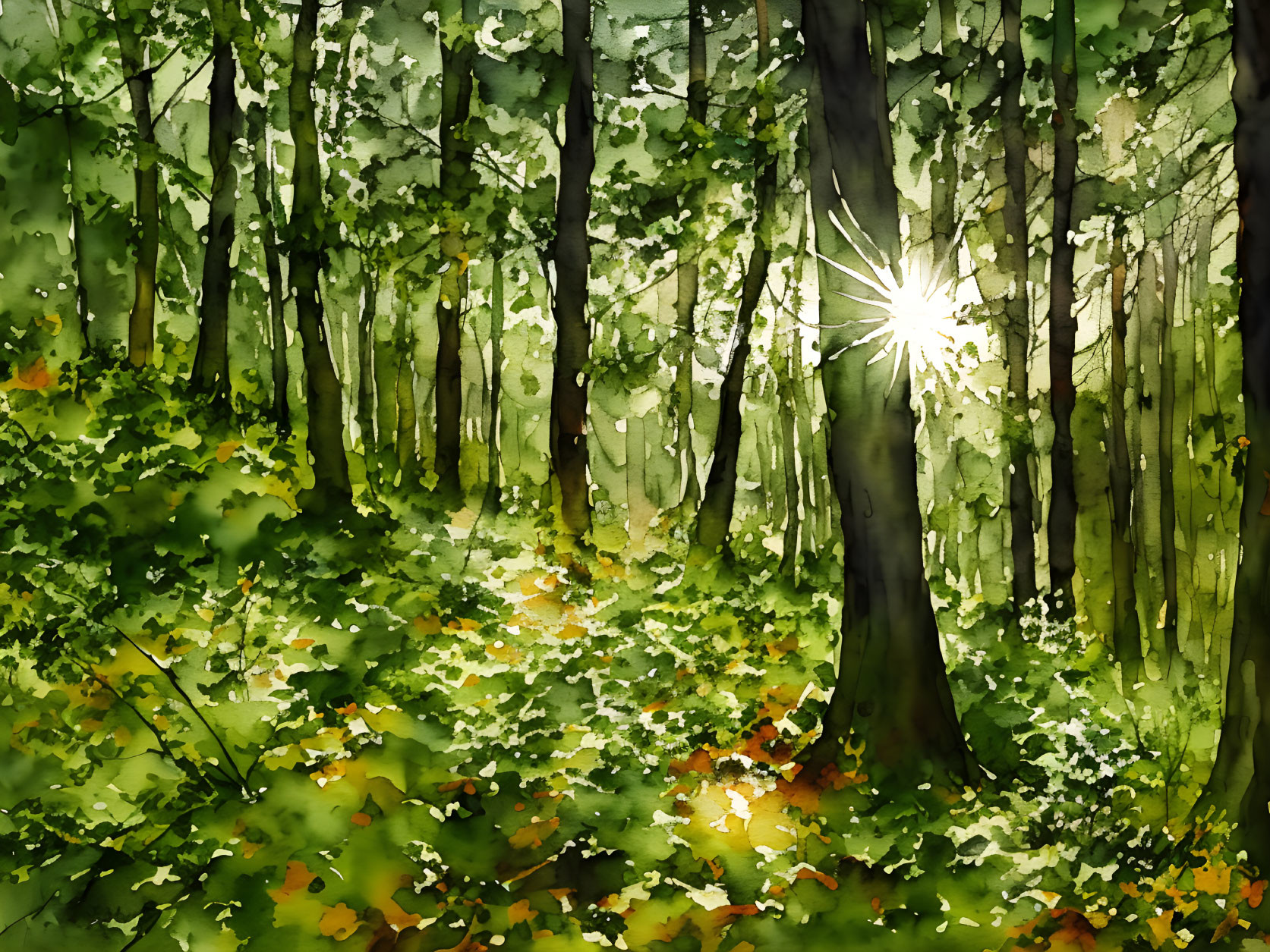 Sunlit Forest Path with Vibrant Green Foliage in Watercolor Style