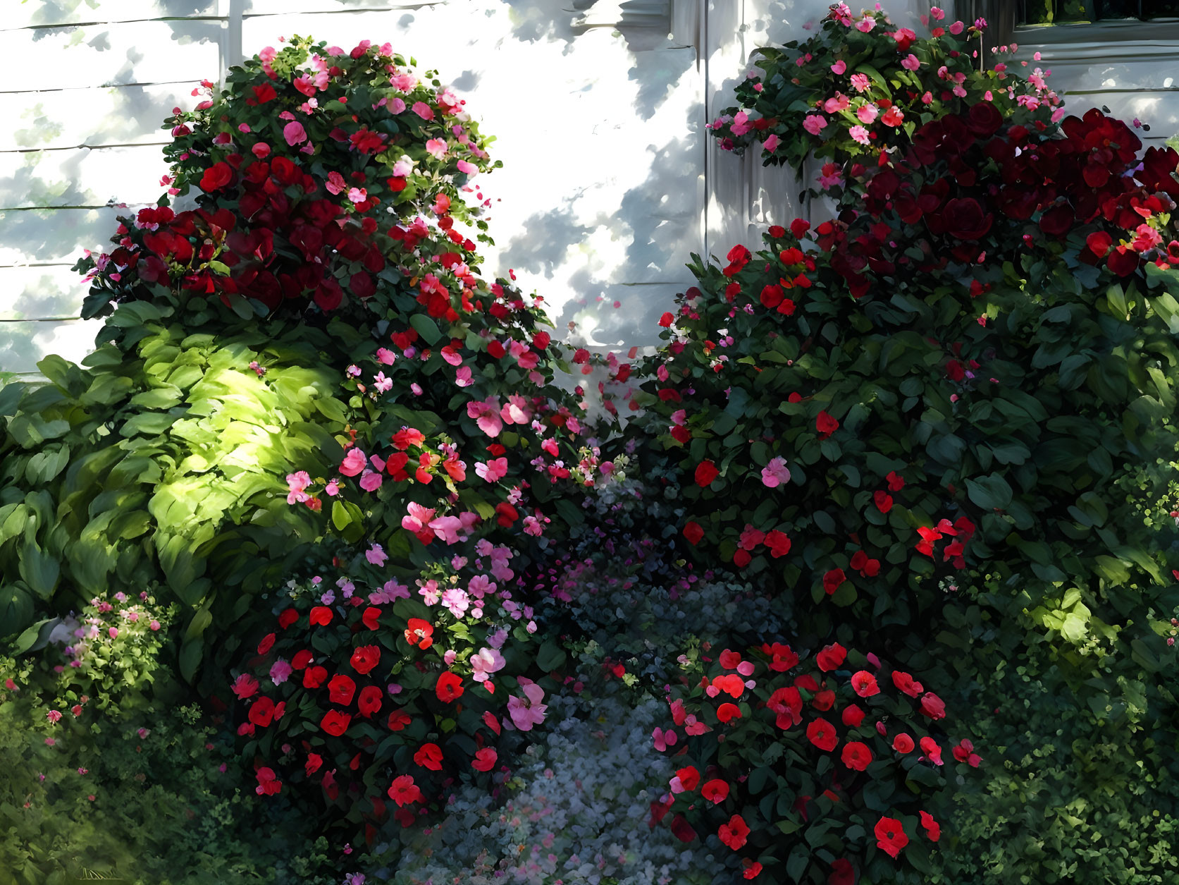 Vibrant red and pink flowers in lush garden by white house