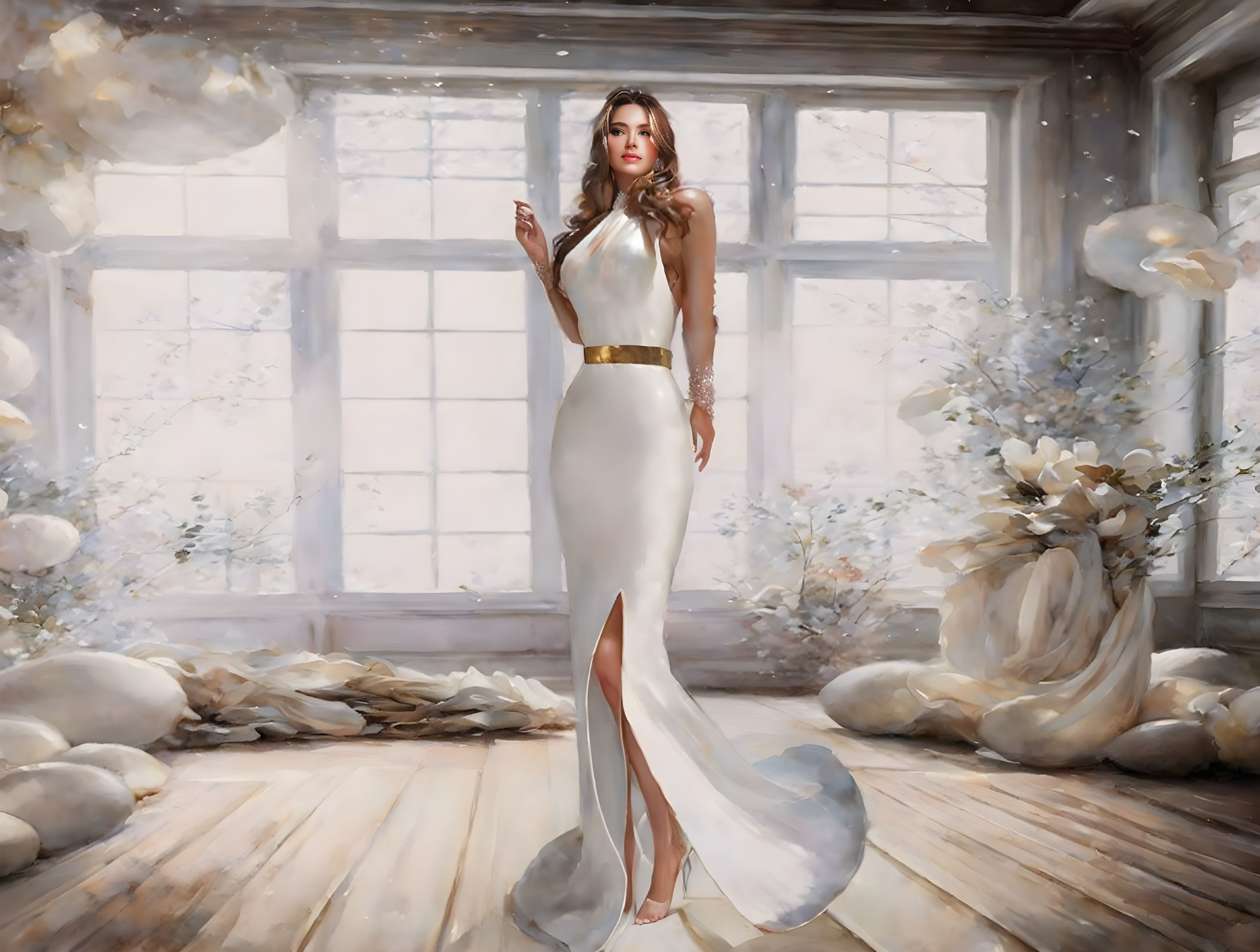 Sophisticated woman in white dress with gold belt in sunlit room