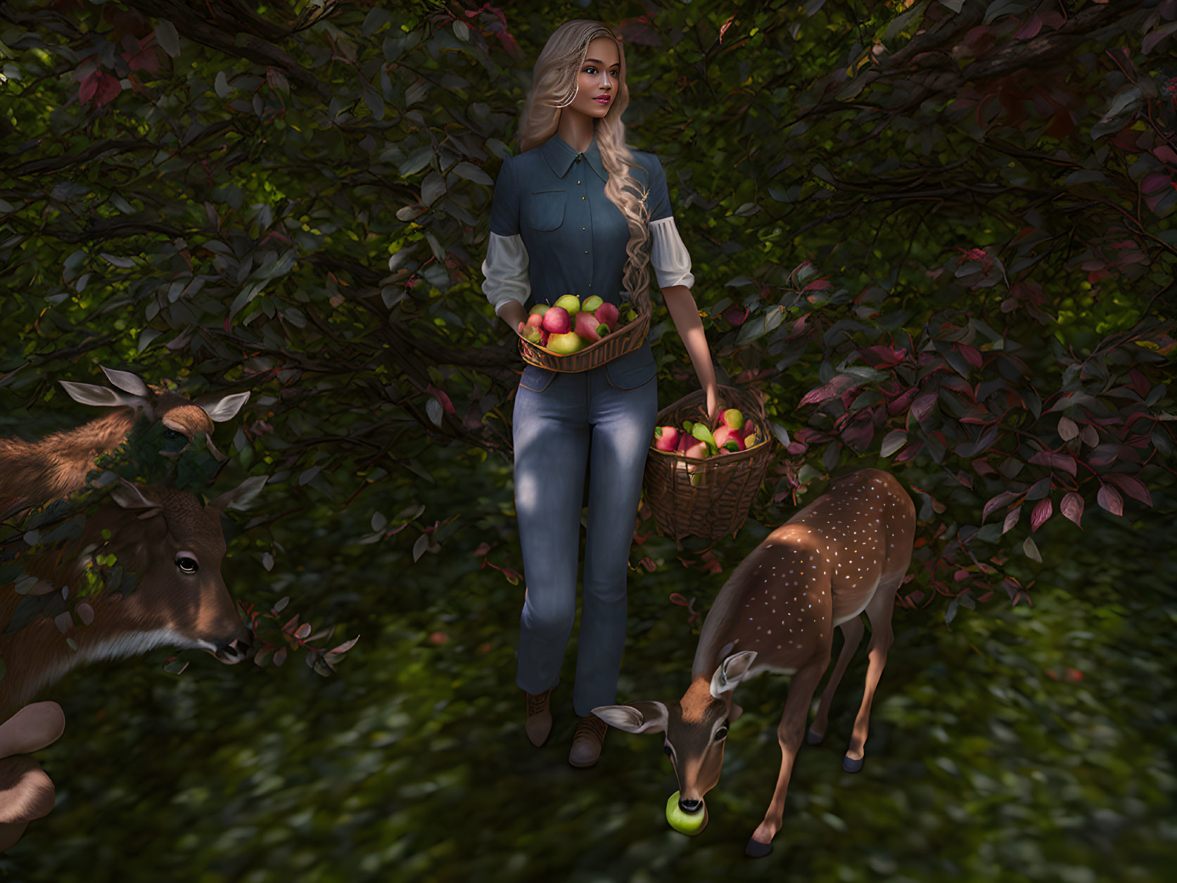 Woman in denim shirt with apples near fawn and deer under leafy arbor