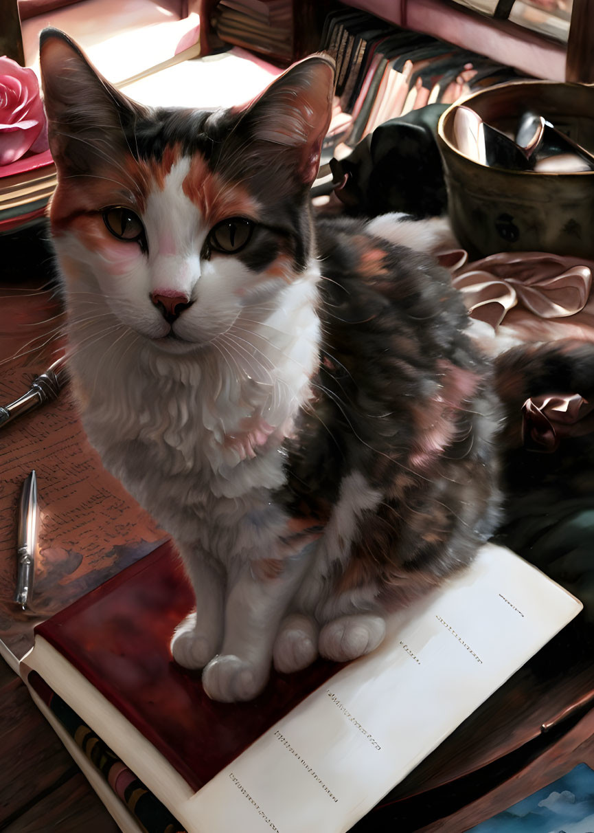 Calico Cat on Open Book with Quill and Inkwell