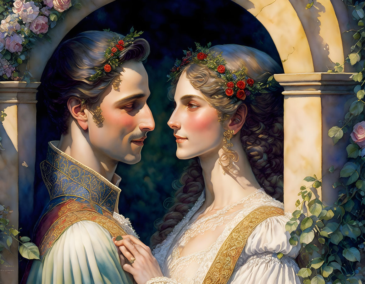 Man and woman in elegant attire with floral crowns in romantic setting.