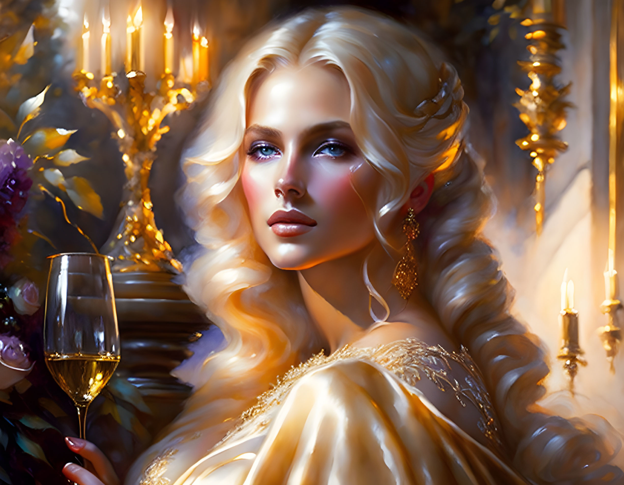 Blonde woman in golden dress with wine glass in luxurious setting