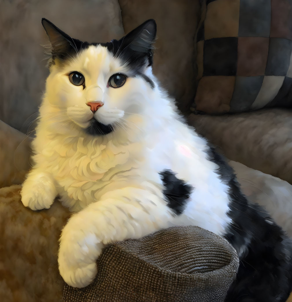 Black and White Cat with Blue Eyes Resting on Brown Couch