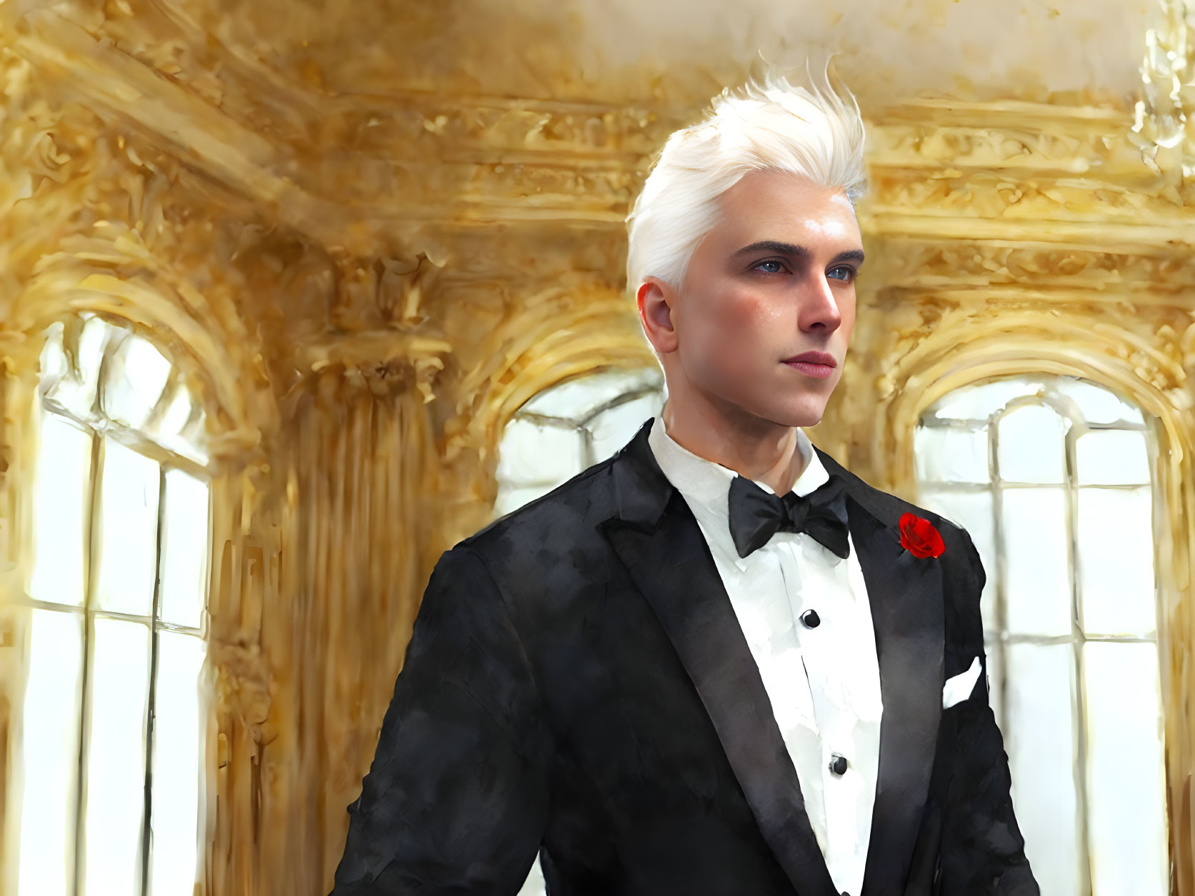 Platinum Blonde Man in Black Tuxedo in Gilded Hall