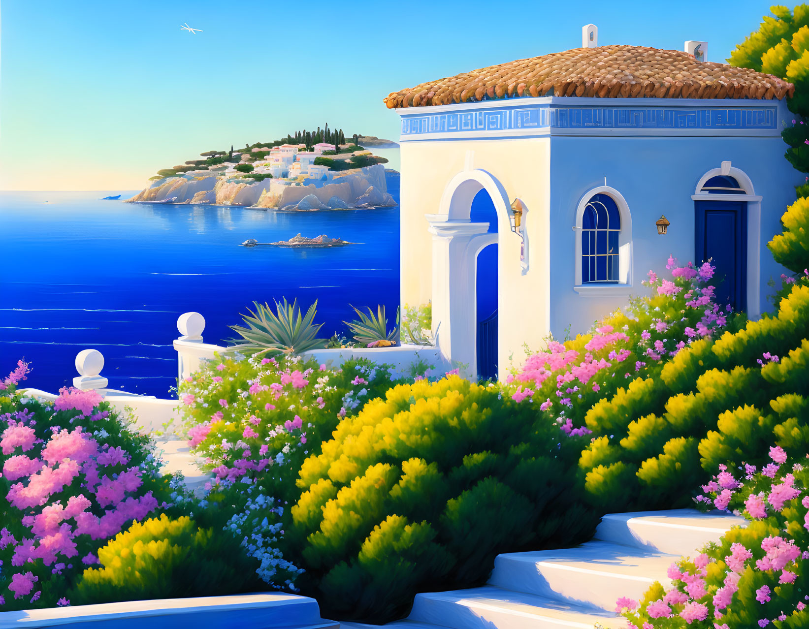 Coastal scene with white house and blooming bushes in vibrant illustration