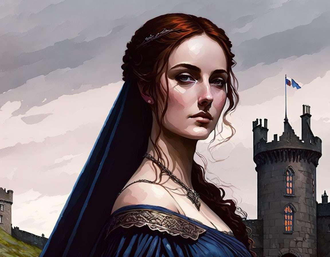 Regal woman in blue cloak before castle under cloudy sky