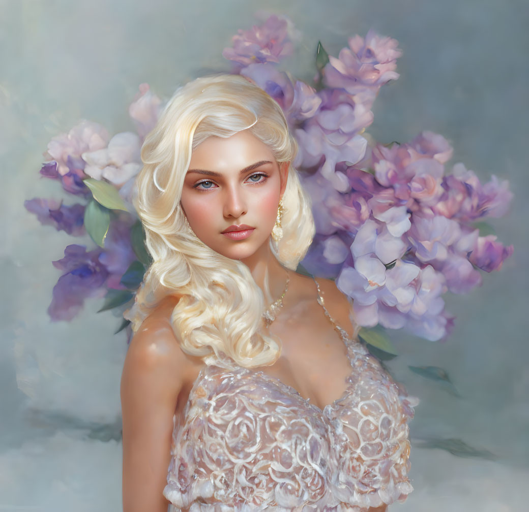 Blonde Curly-Haired Woman in Lace Dress Surrounded by Purple Hydrangeas