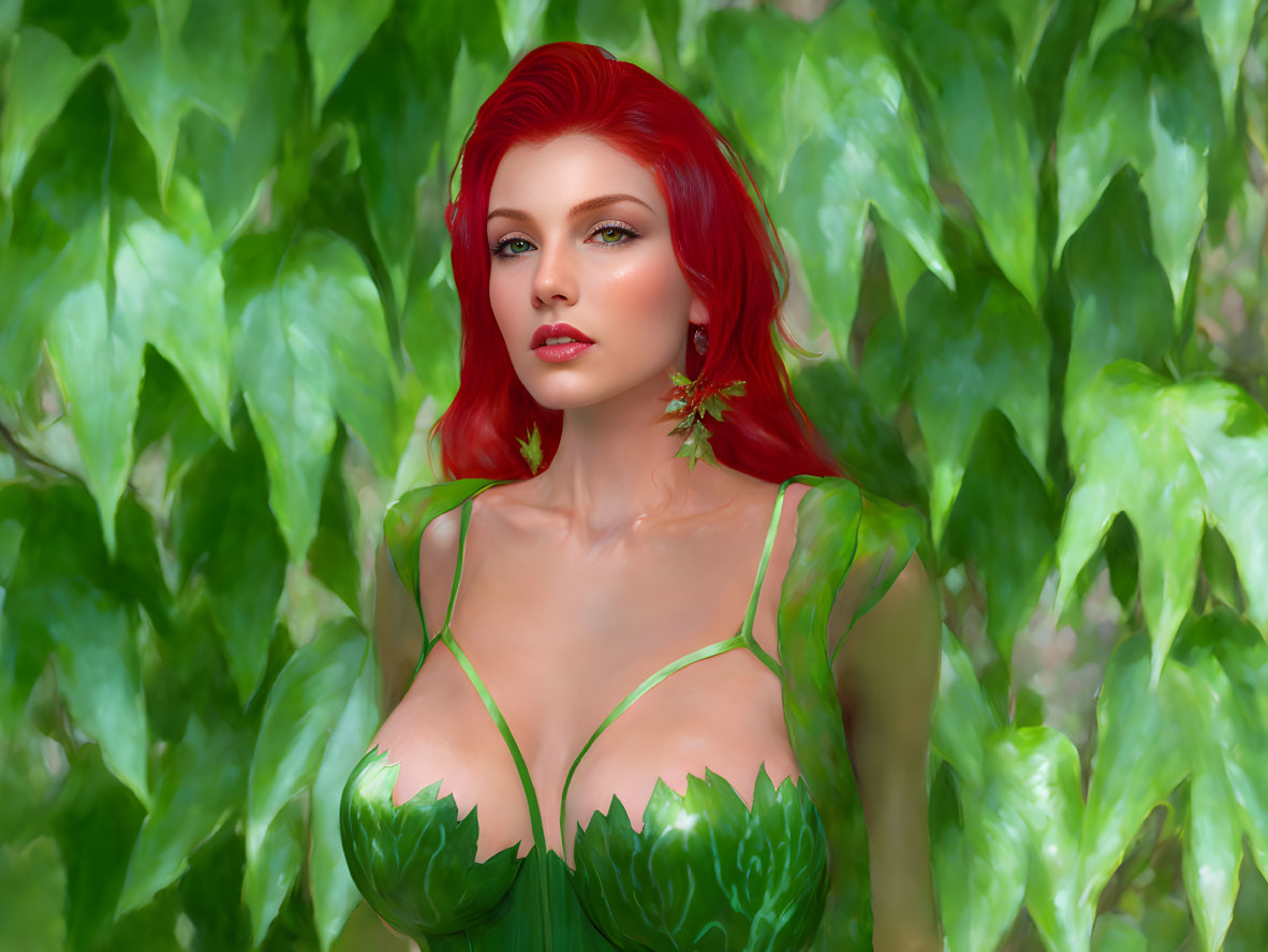 Digital artwork: Woman with vibrant red hair and green attire in lush foliage.