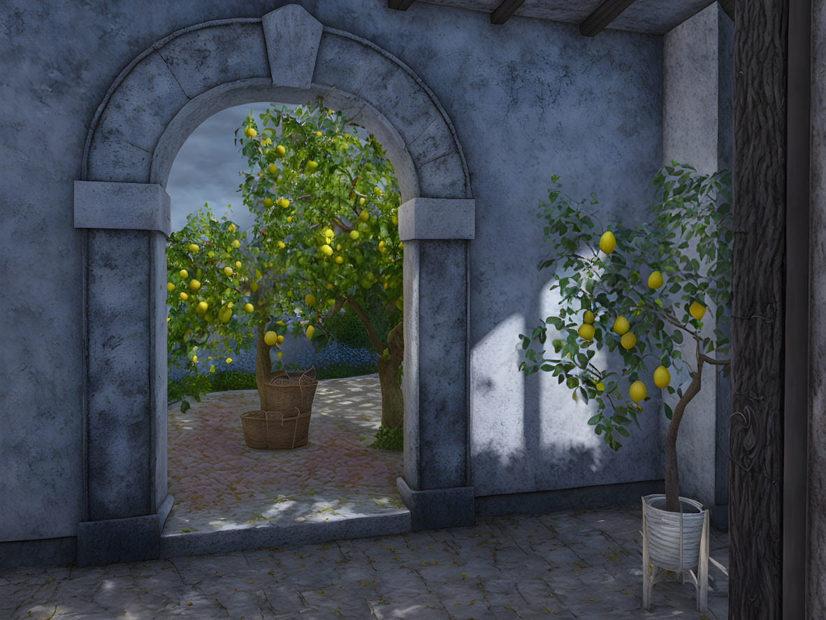 Sunny courtyard with stone archway, lemon trees, basket of lemons, and white chair