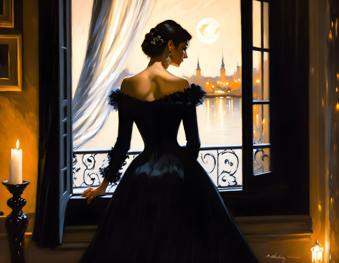 Woman in black dress gazes at moonlit cityscape from balcony