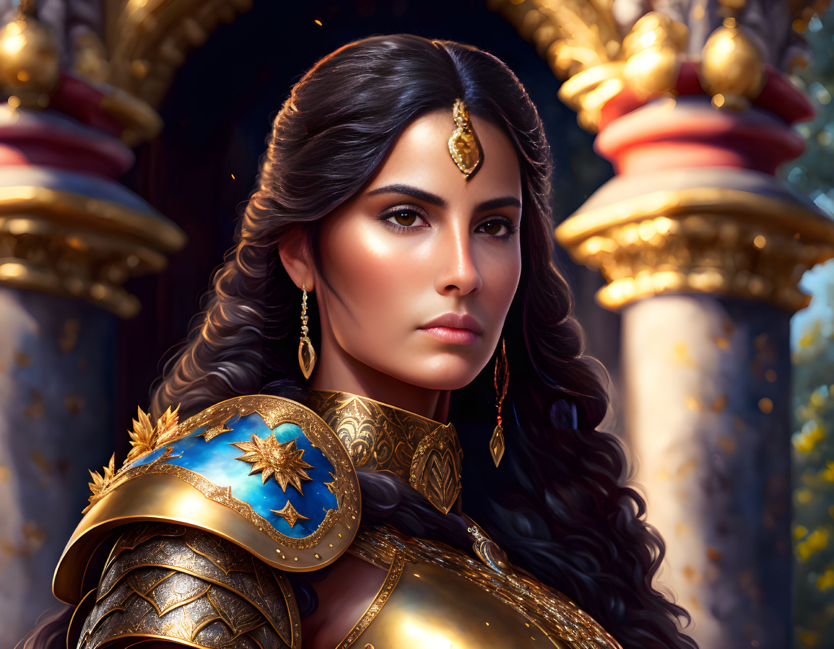 Regal woman in golden armor with blue accents and star designs under grand arches