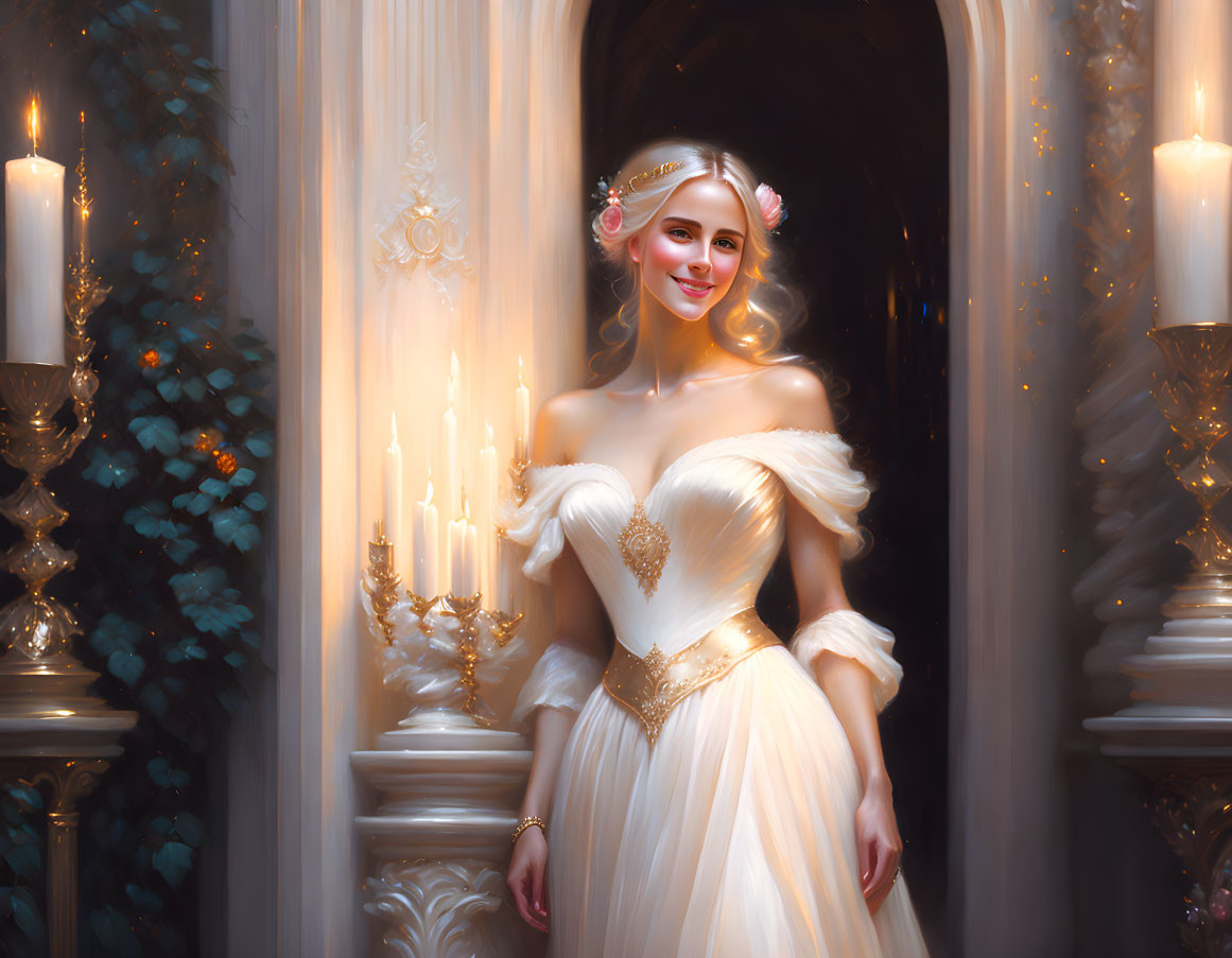 Woman in off-shoulder gown smiling near lit candles in ornate corridor