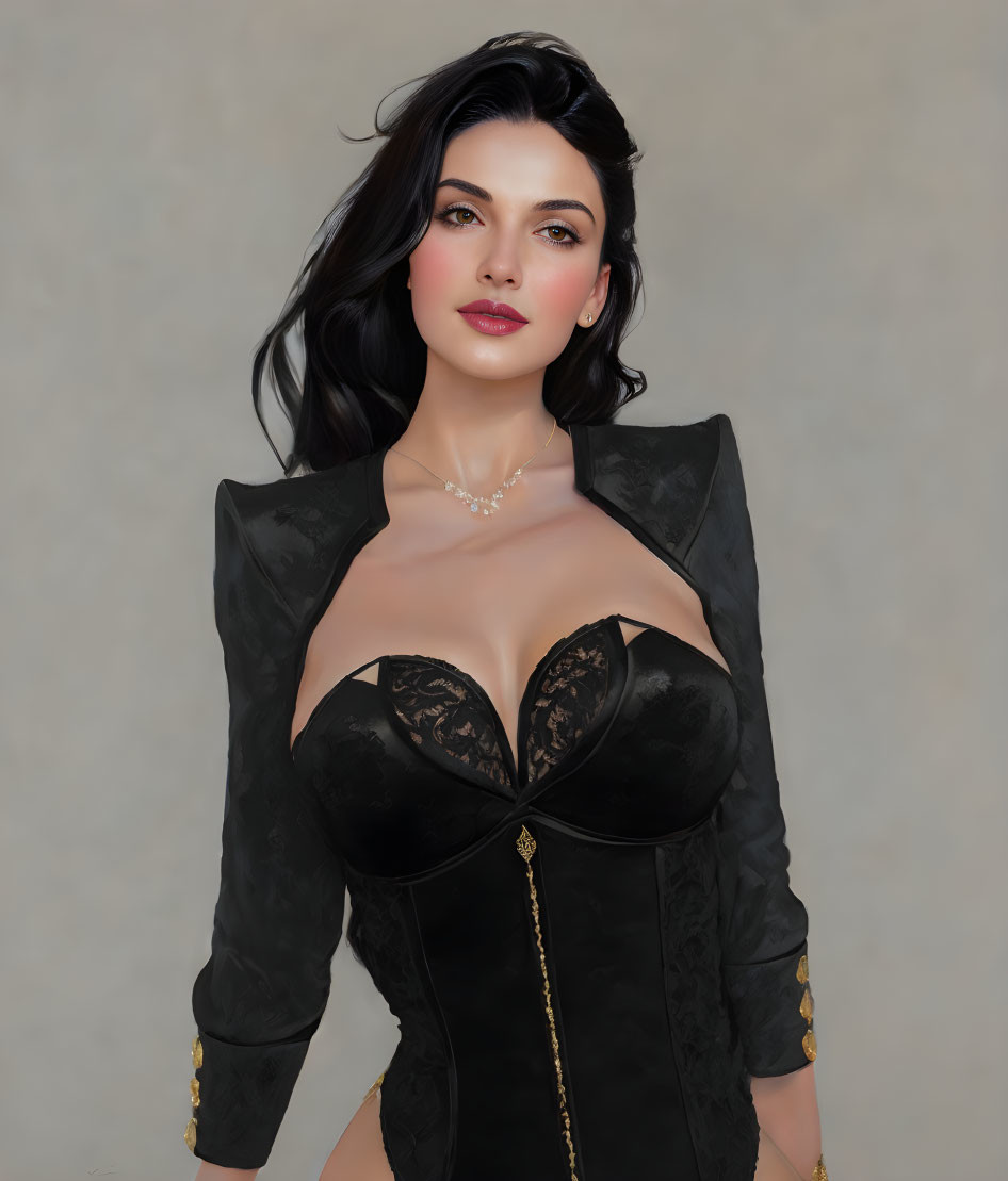 Illustrated woman in black dress with lace details and jacket, featuring dark hair and red lips.