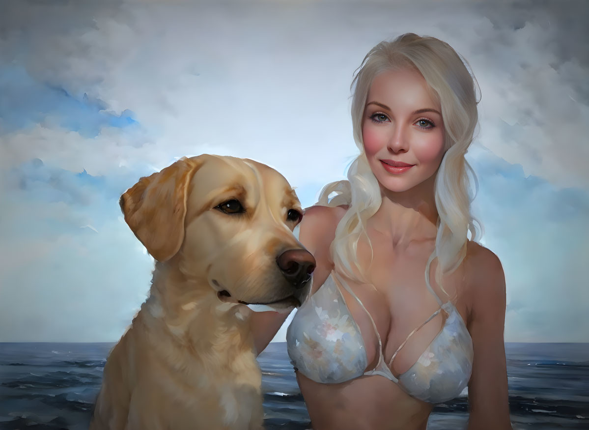 Blonde woman in bikini with Labrador retriever on beach