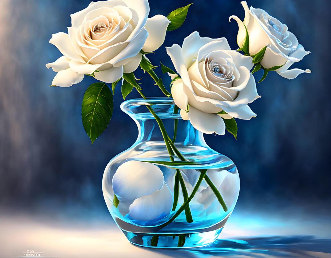 White Roses in Transparent Vase on Blue Background