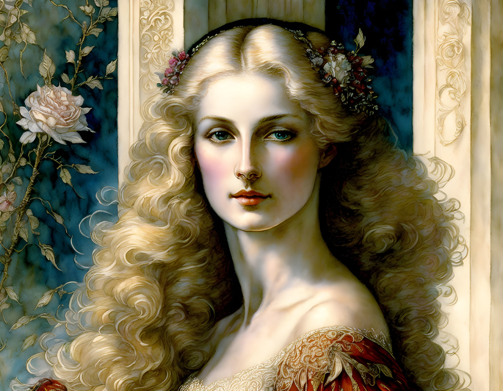 Portrait of Woman with Blonde Hair in Red Gown and Diadem