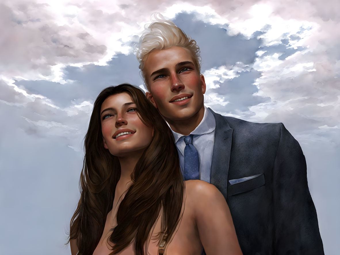 Smiling couple in formal attire against cloudy sky