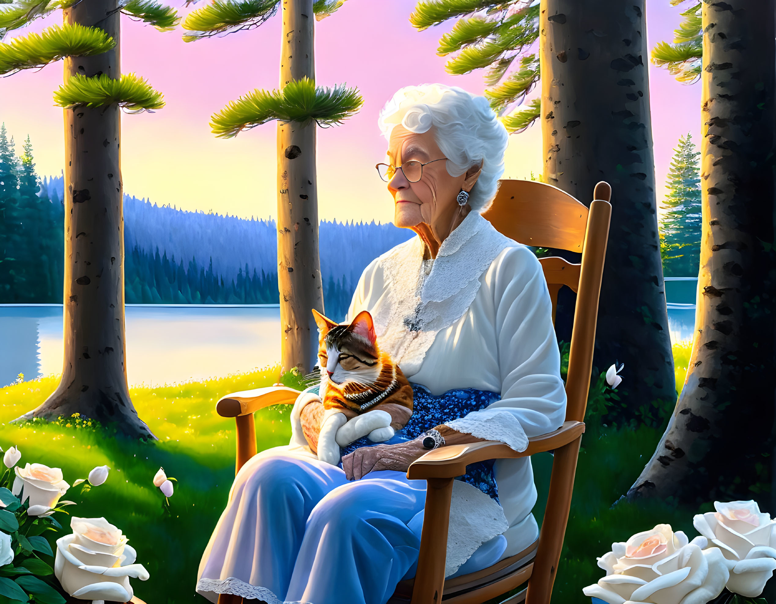 Elderly woman with cat by lake at sunset surrounded by pine trees and white roses