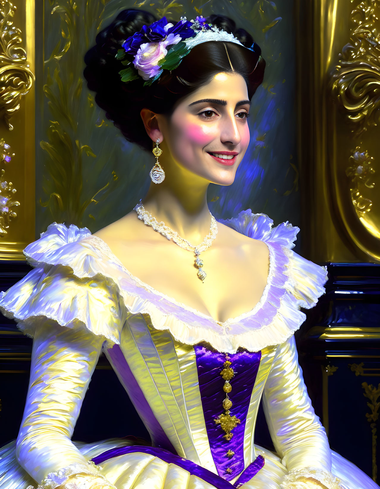 Woman in Period Attire with High-Collared White Dress and Purple Corset