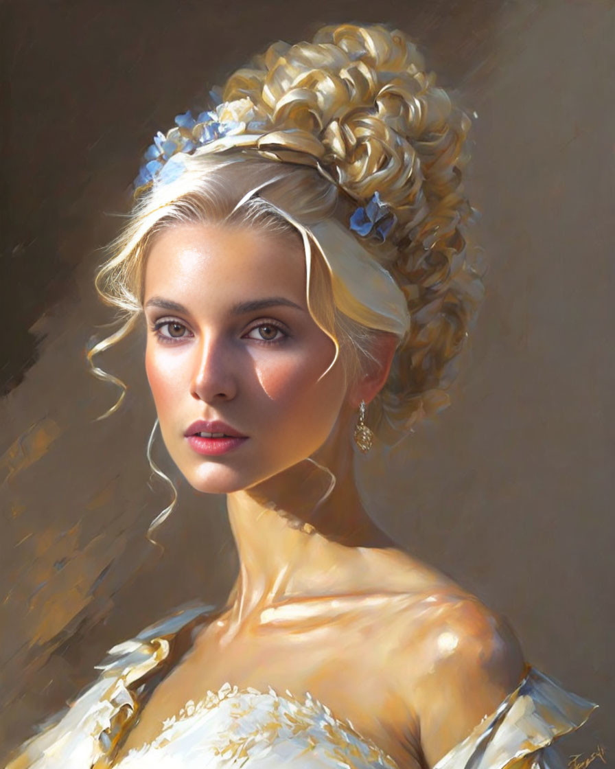 Elaborate Blonde Updo with Blue Flowers on Woman in Golden Dress