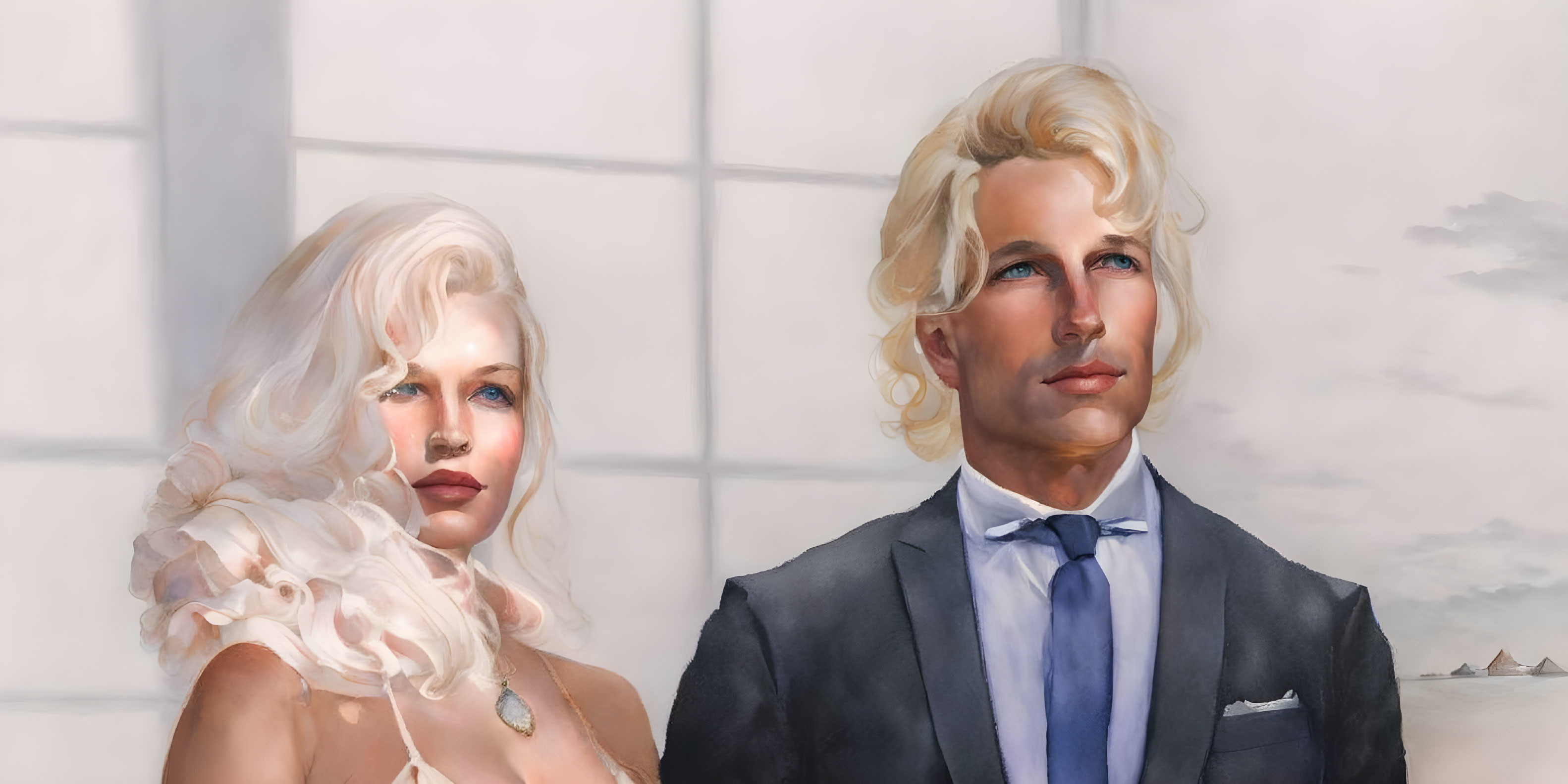 Photorealistic characters: confident woman with wavy blonde hair and man in formal attire