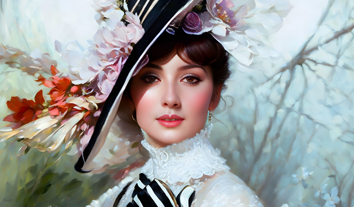 Woman with Decorative Hat and Flower Adornments in Digital Painting